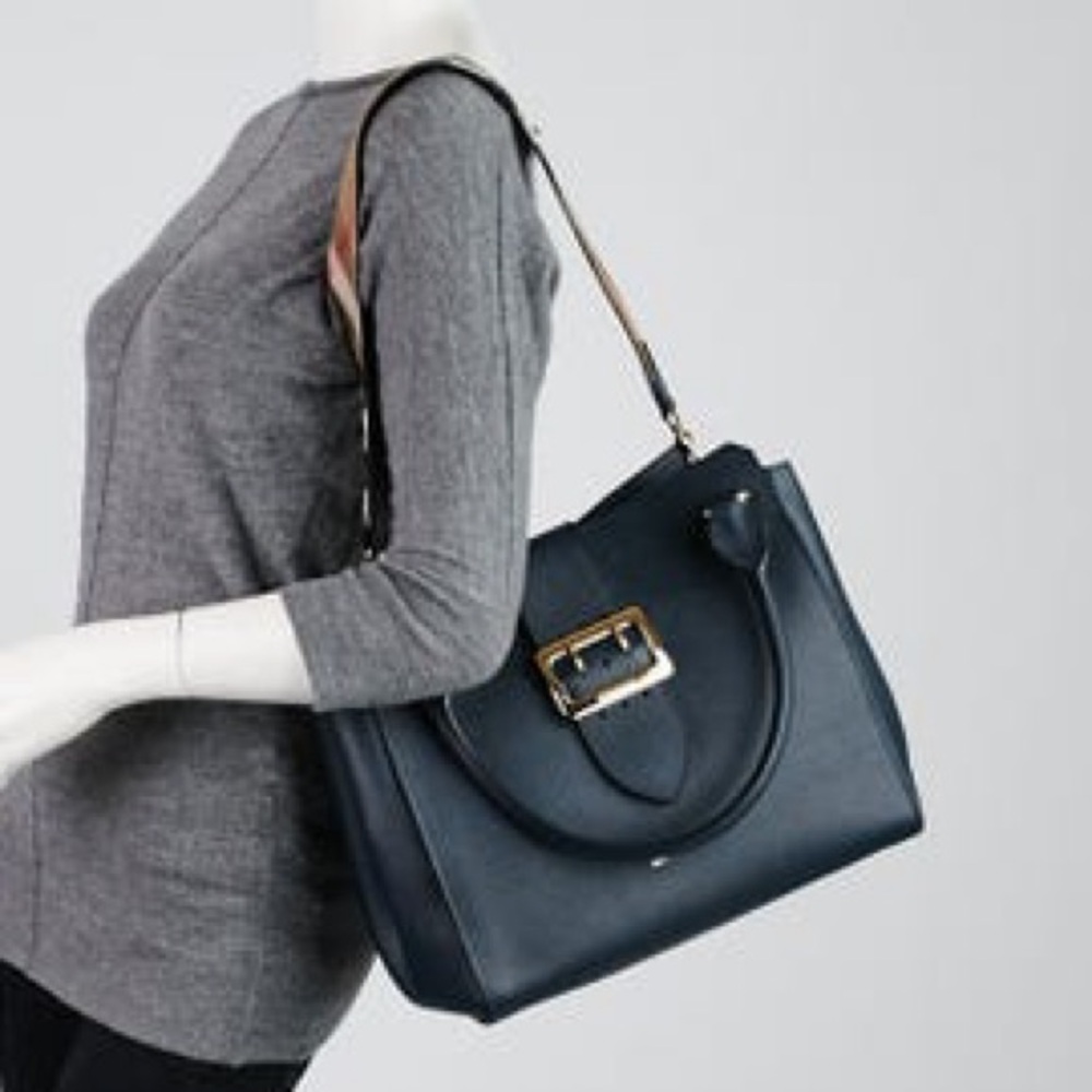 BURBERRY Blue Grained Leather Medium Buckle Tote Bag - Picture 2 of 16